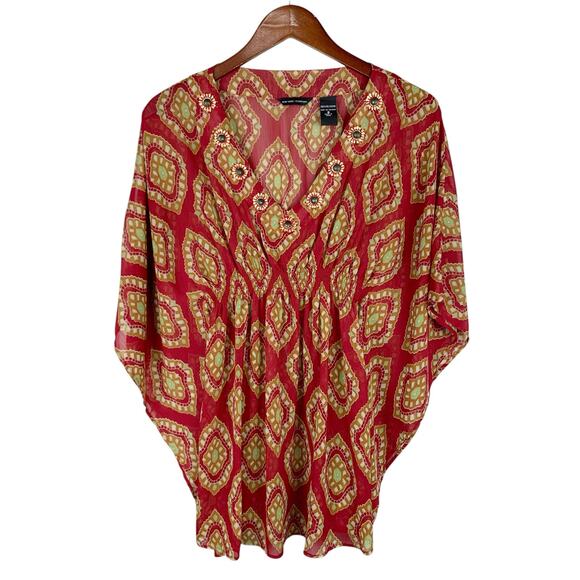New York & Company Tops - New York & Co Blouse Cover Up Red Flowy Beaded Women's S